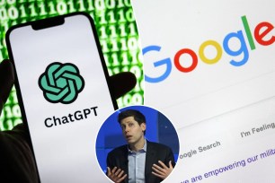 ChatGPT logo, Google logo and OpenAI CEO Sam Altman