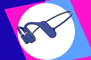 A blue headphones with a curved neck