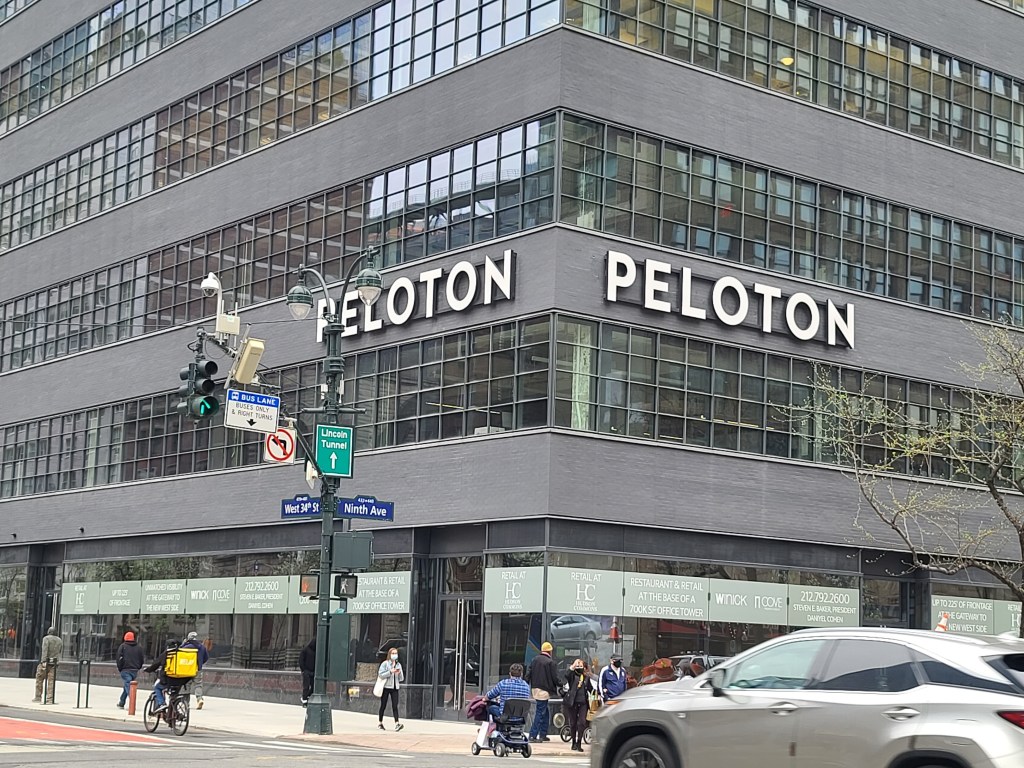 Peloton Headquarters building with many windows in NYC during ongoing investigation related to child safety, dated 19 Apr 2021