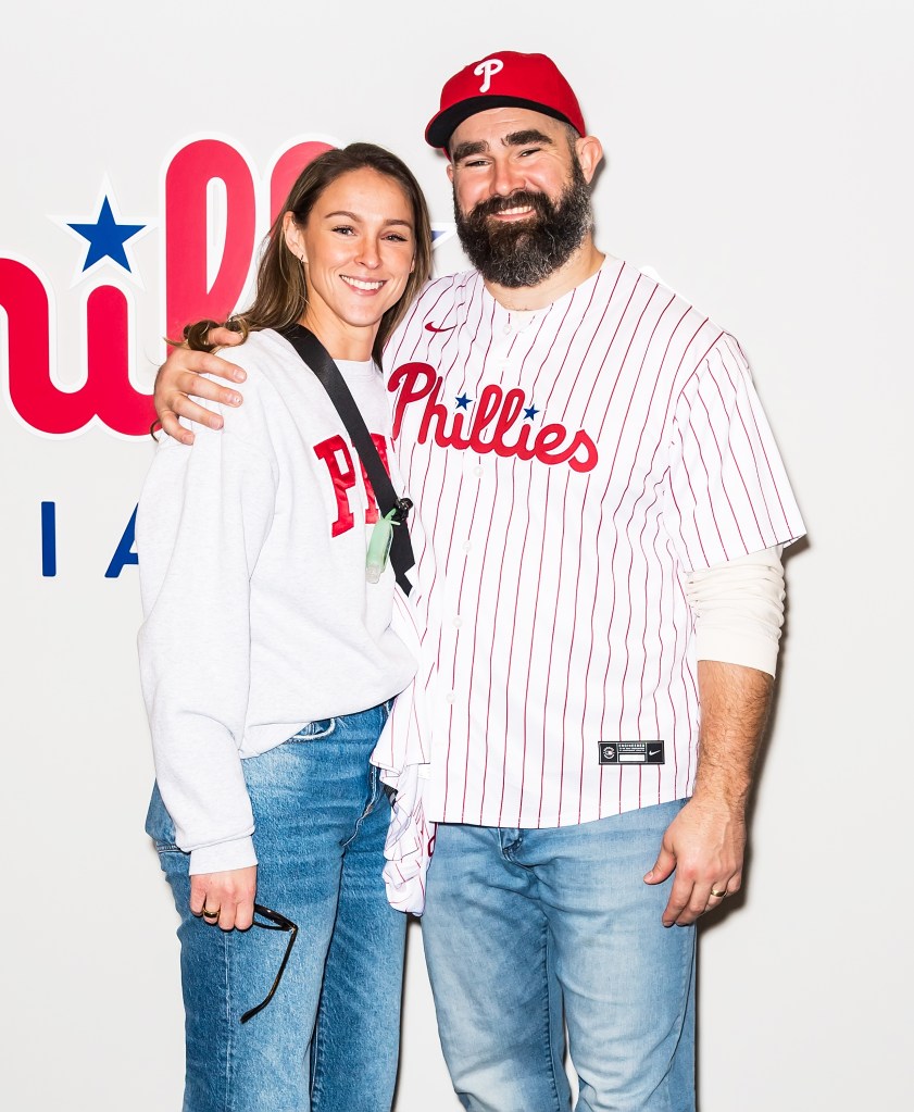 Jason and Kylie Kelce at Phillies game on on March 30, 2024.