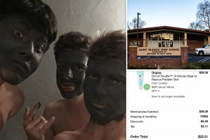 Three shirtless teens posing together while wearing green face masks in lawsuit photo