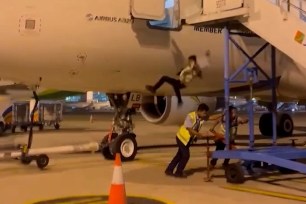 An airline worker is going viral with a painful video showing him stepping off a plane.