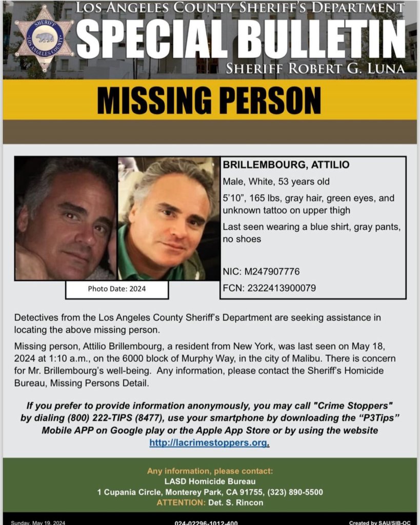 Screenshot of a missing person alert for Attilio Brillembourg, stepfather of Princess Tatiana of Greece and Denmark, issued by the Los Angeles County Sheriff's Office.