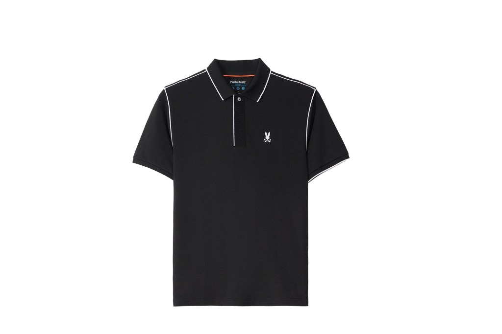 Black polo shirt with a white rabbit design on it