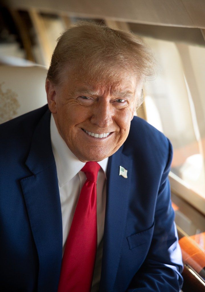 A portrait of former President Donald Trump on his plane, Trump Force One
