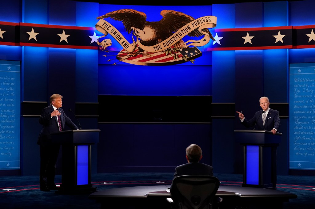Trump and Biden face each other during the first presidential debate in 2020.
