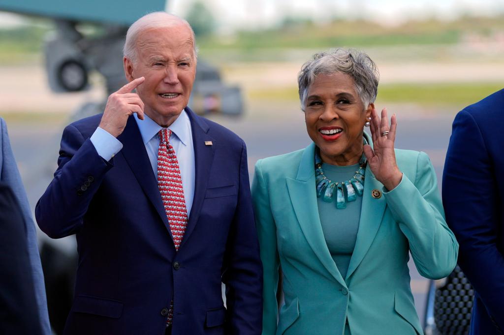 President Joe Biden stands with Rep. Joyce Beatty, D-Ohio, after arriving at Philadelphia International Airport, Wednesday, May 29, 2024, in Philadelphia