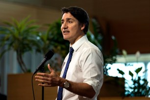 Canadian Prime Minister Justin Trudeau speaking at Mohawk College in Hamilton, Ontario on May 3, 2024.
