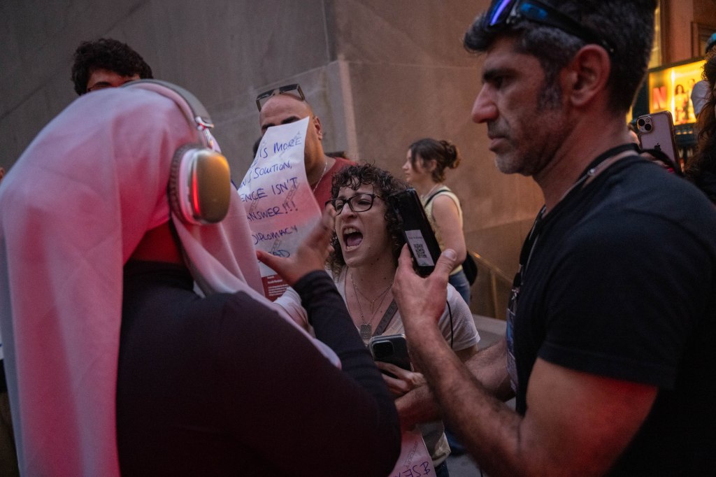Anti-Israel and pro-Israel protesters shout at each other outside of The Parsons Benefit Gala in Manhattan on May 21, 2024.