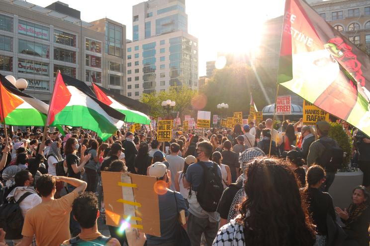 Pro-Palestine demonstrators waving Palestinian flags during a rally in Union Square, New York City