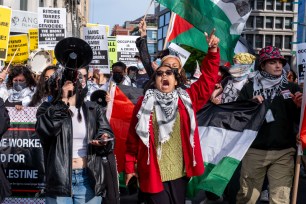 Anti-Israel protesters outside NYU in Manhattan on May 3, 2024.