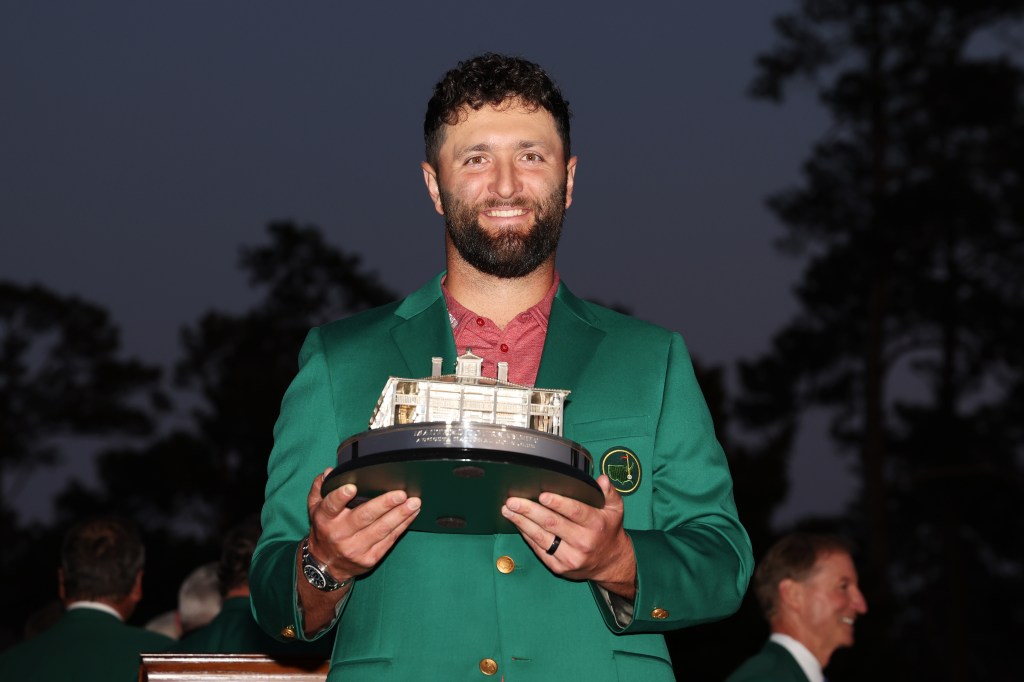 Jon Rahm of Spain poses with the Masters trophy during the Green Jacket Ceremony after winning the 2023 Masters Tournament at Augusta National Golf Club on April 09, 2023 in Augusta, Georgia. 