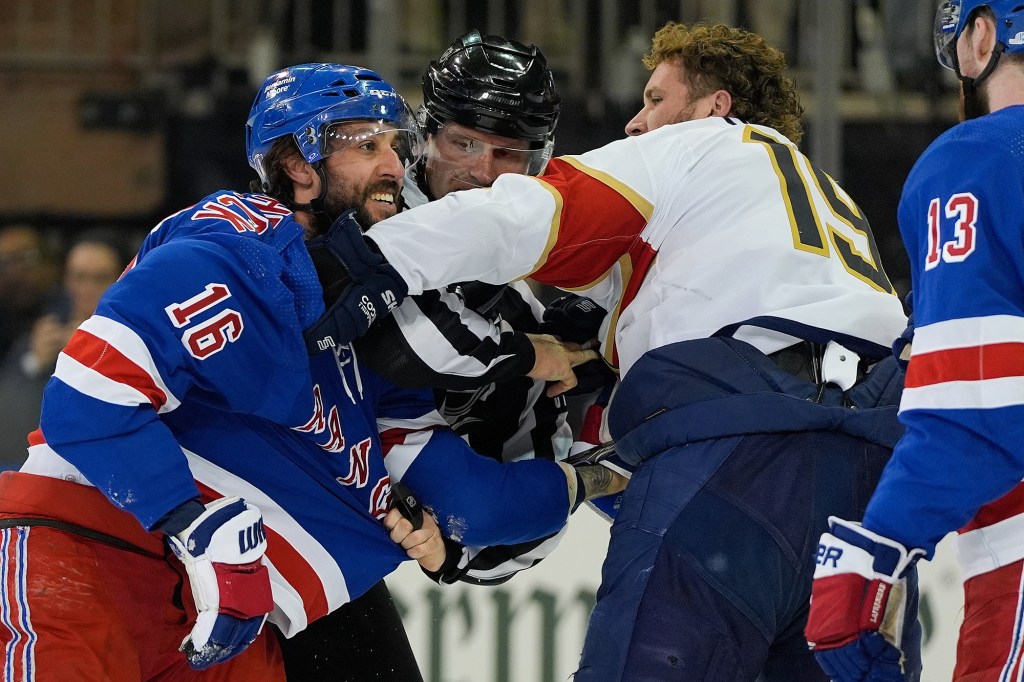 Vincent Trocheck fights after scoring the Rangers' first goal in Game 2.