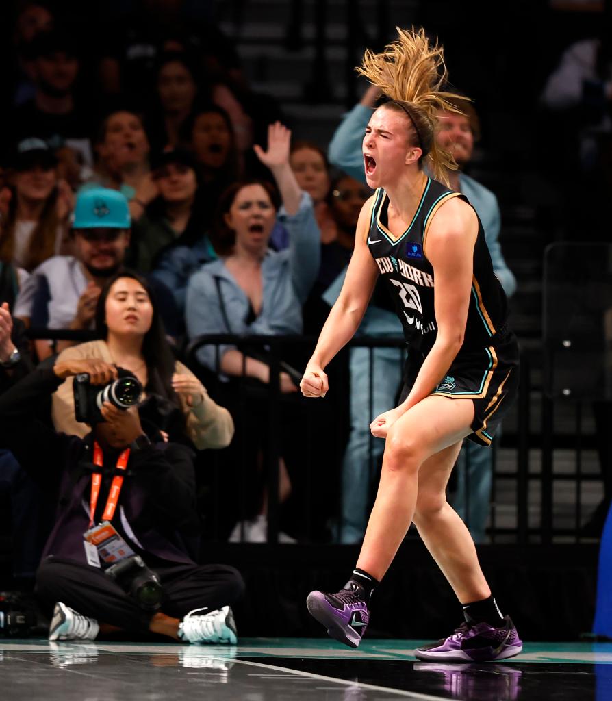 Liberty guard Sabrina Ionescu (20) reacts after scoring against the Seattle Storm during the second half at the Barclays Center.  