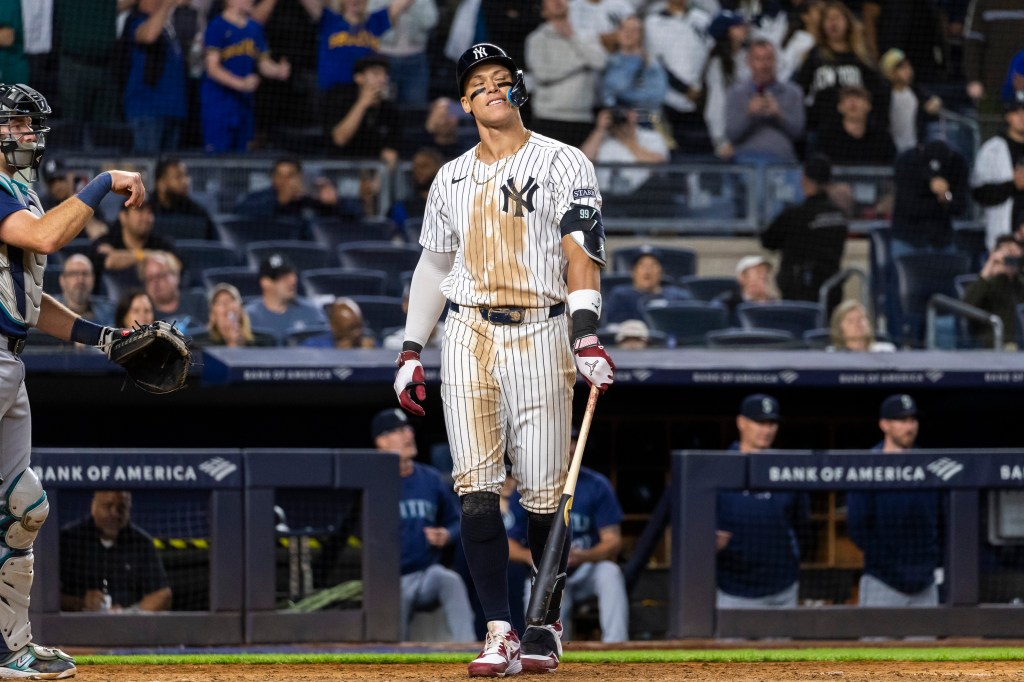 Yankees outfielder Aaron Judge (99) reacts after he strikes out looking during the ninth inning. 