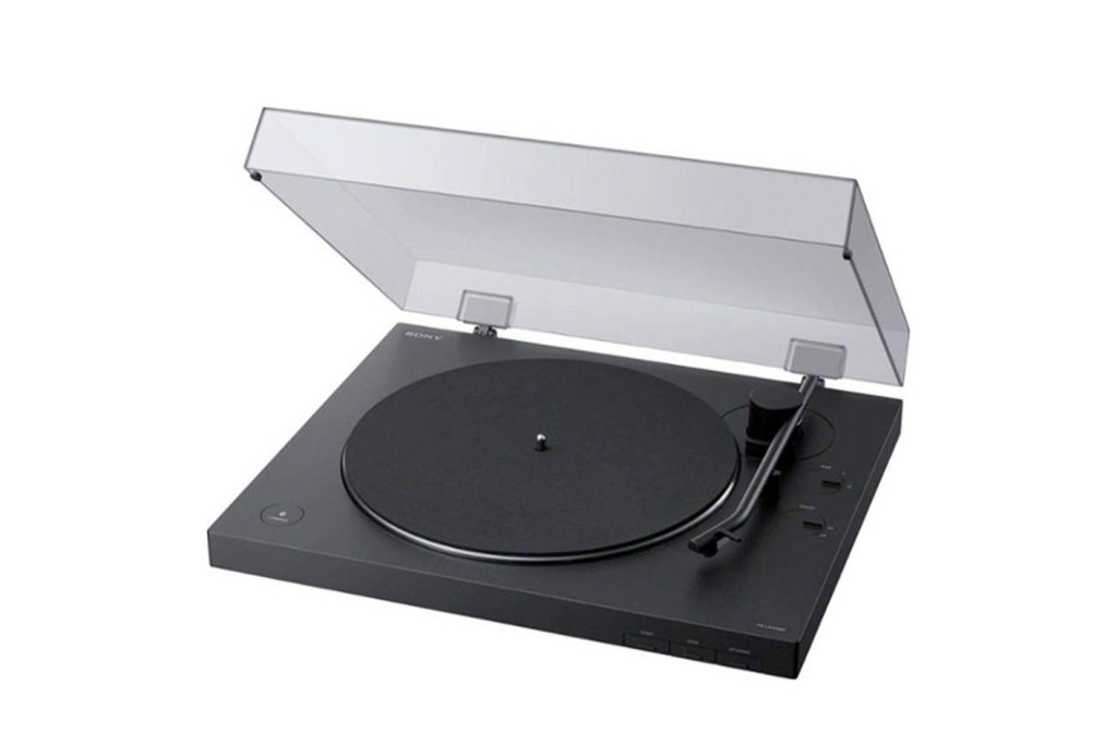 A black record player with a clear cover