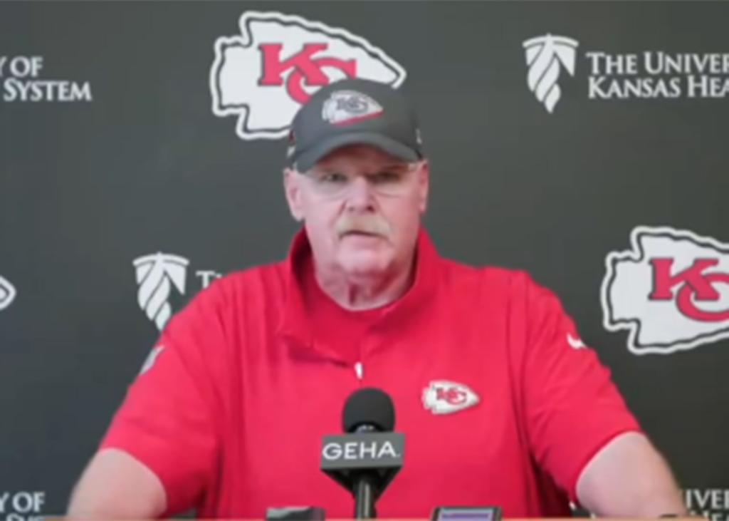 Andy Reid answers a question about Harrison Butker's controversial commencement  speech during a press conference on May 22, 2024 in Kansas City, Missouri. 