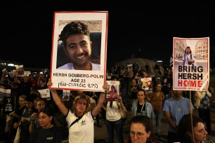 Relatives and supporters calling for the release of Hersh Goldberg-Polin and other Israeli hostages to be released by Hamas at a rally in Jerusalem on May 22, 2024.