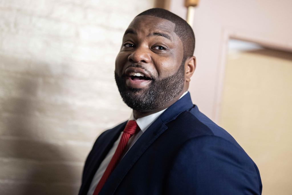 Rep. Byron Donalds, R-Fla., in a suit and tie, arriving for a House Republican Conference meeting at the U.S. Capitol on April 10, 2024