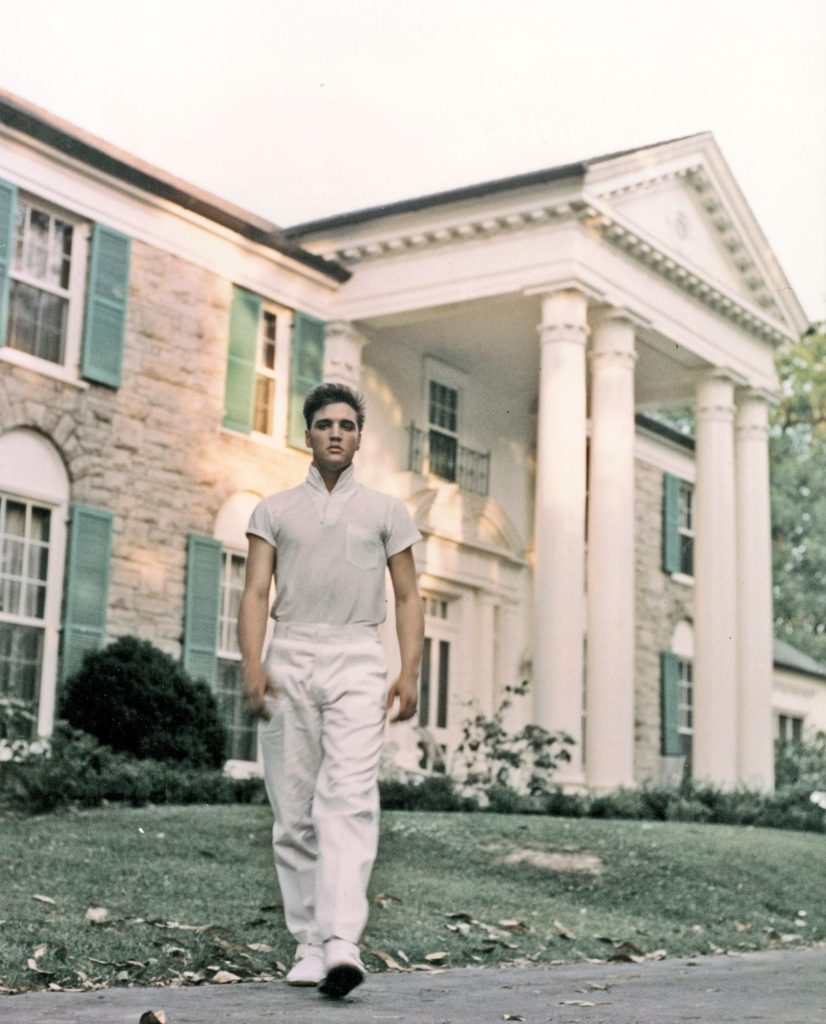 Elvis Presley strolling the grounds of his Graceland estate, circa 1957