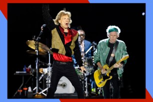 Mick Jagger and Keith Richards performing on stage with their band, playing instruments