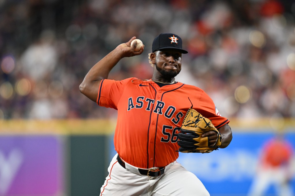 Ronel Blanco #56 of the Houston Astros pitches during the first inning against the Seattle Mariners at Minute Maid Park on May 03, 2024 in Houston, Texas.