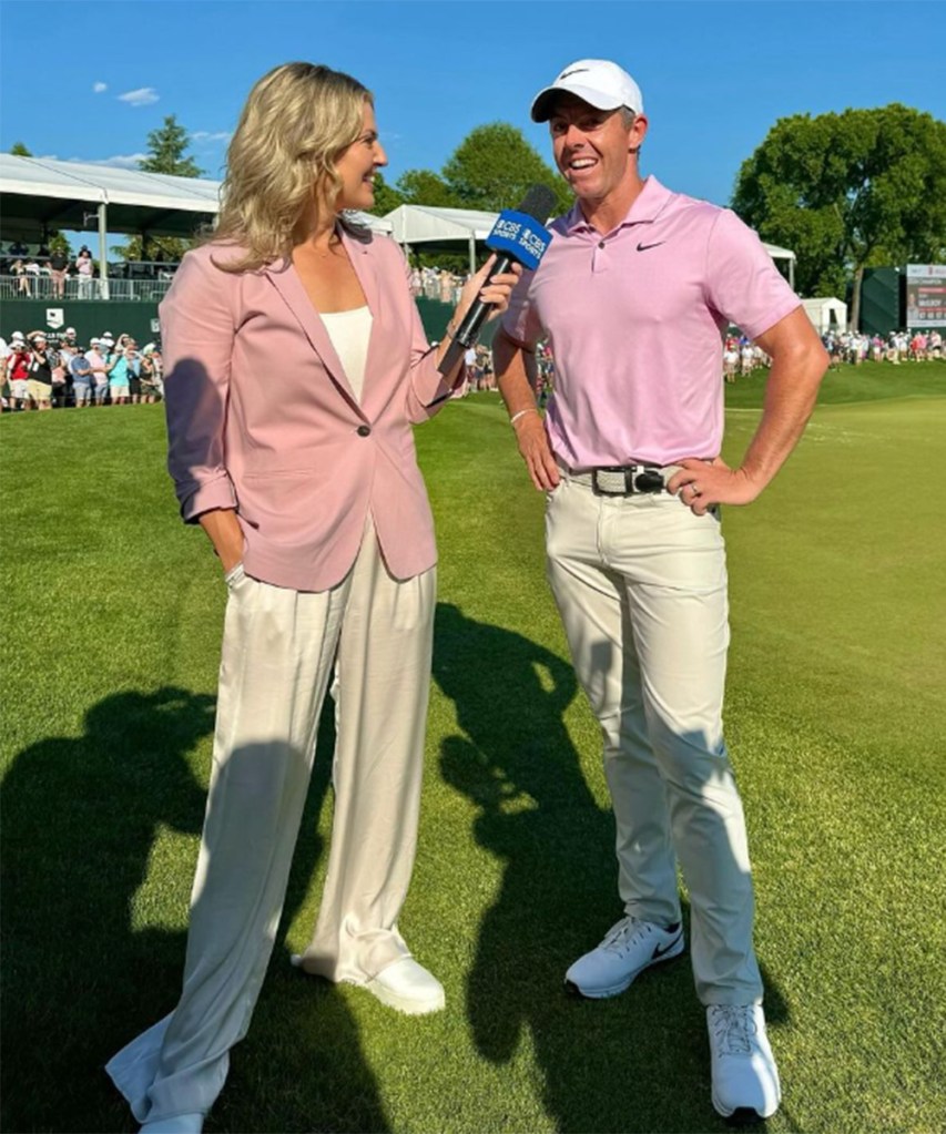 CBS reporter Amanda Balionis interviews Rory McIlroy after he won the Wells Fargo Championship at Quail Hollow golf course in in Charlotte on May 12, 2024. 
