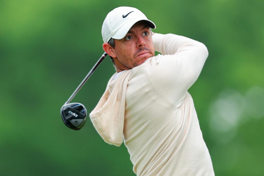 Rory McIlroy plays his shot during a practice round ahead of the PGA Championship on May 15, 2024.