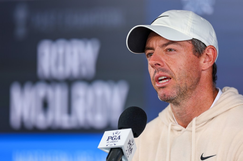 Rory McIlroy speaks to reporters at the PGA Championship in Louisville on Wednesday, two days after he filed for divorce from his wife Erica.