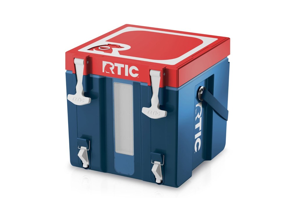 A blue and red RTIC cooler