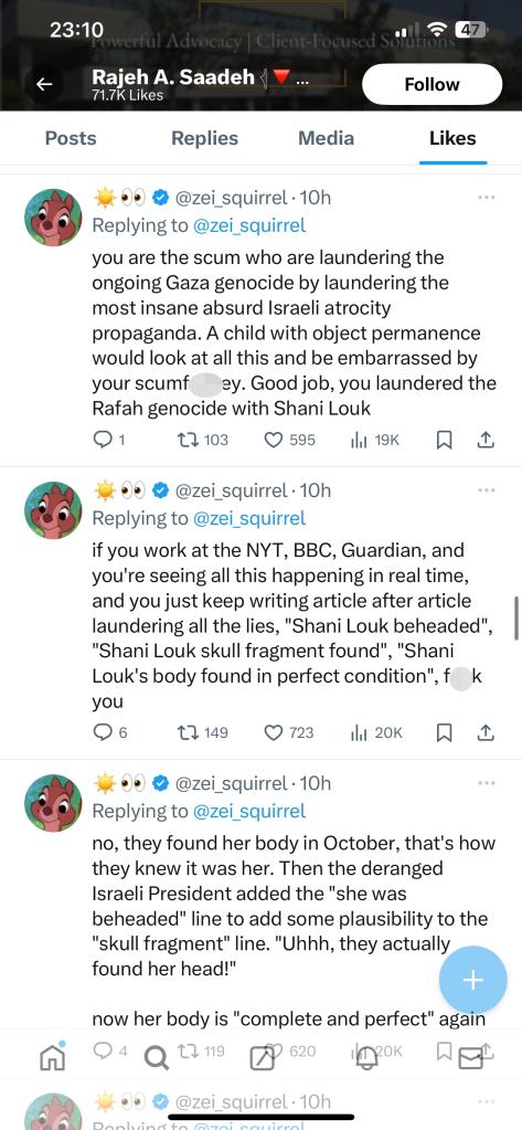 Twitter posts liked by Saadeh about the murder of Shani Louk being a hoax.