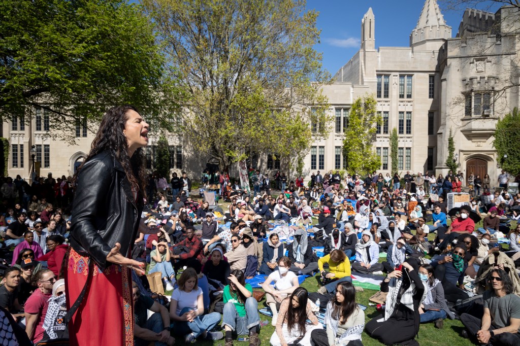 Rutgers University professor Noura Erakat talks about the genocide going on in Palestine. A couple of hundred students occupy the area outside Dickson Hall on the campus of Princeton University, demanding a Free Palestine. 