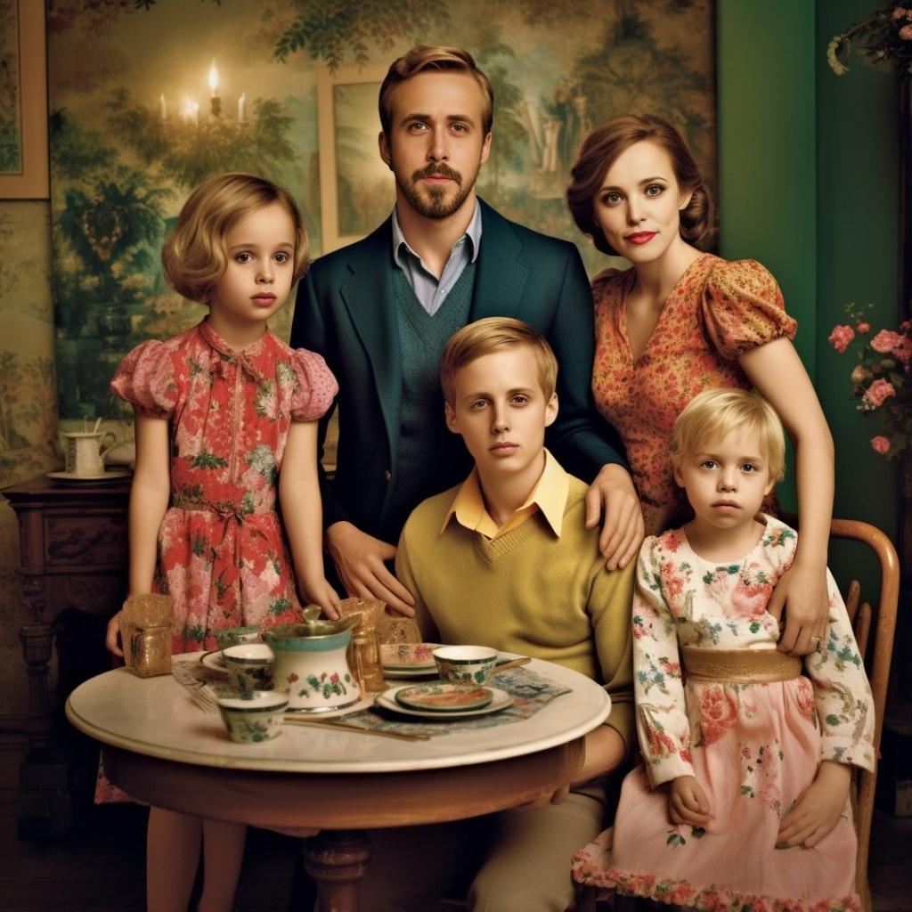 Ryan Gosling and Rachel McAdams with AI-created children.