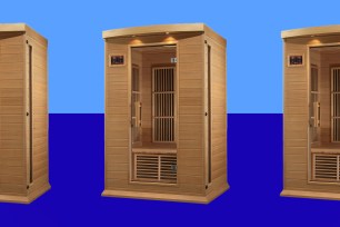 A wooden sauna with a blue background