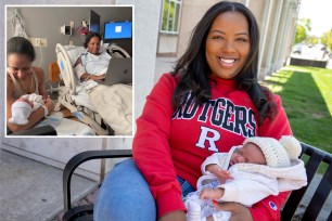Tamiah Brevard-Rodriguez poses with new baby boy Enzo while wearing a Rutgers University sweatshirt. Other photo shows her on her laptop in hospital bed while her wife hold baby Enzo
