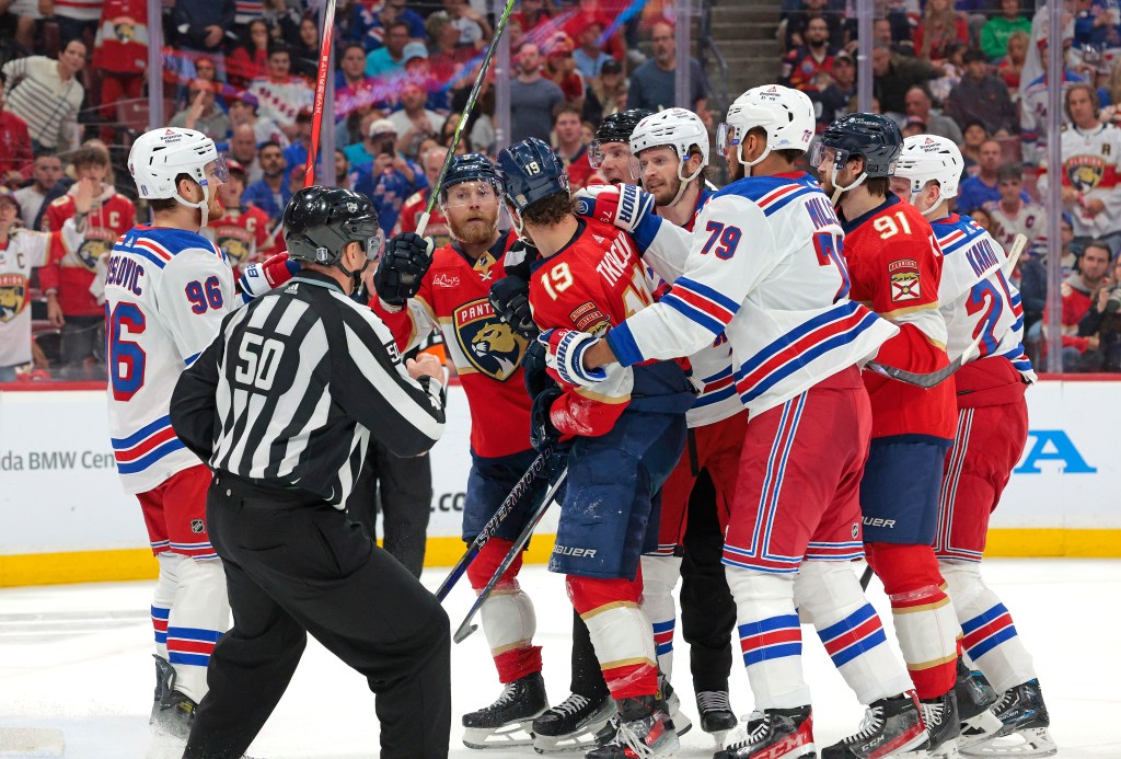 A scuffle breaks out after Rangers defenseman Jacob Trouba's hit on Evan Rodrigues during Game 3.