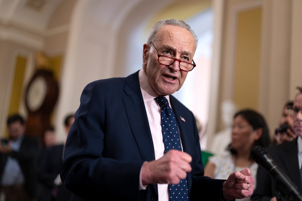 Senate Majority Leader Chuck Schumer, D-N.Y., speaks to reporters following a Democratic strategy session, at the Capitol in Washington, Tuesday, May 21, 2024