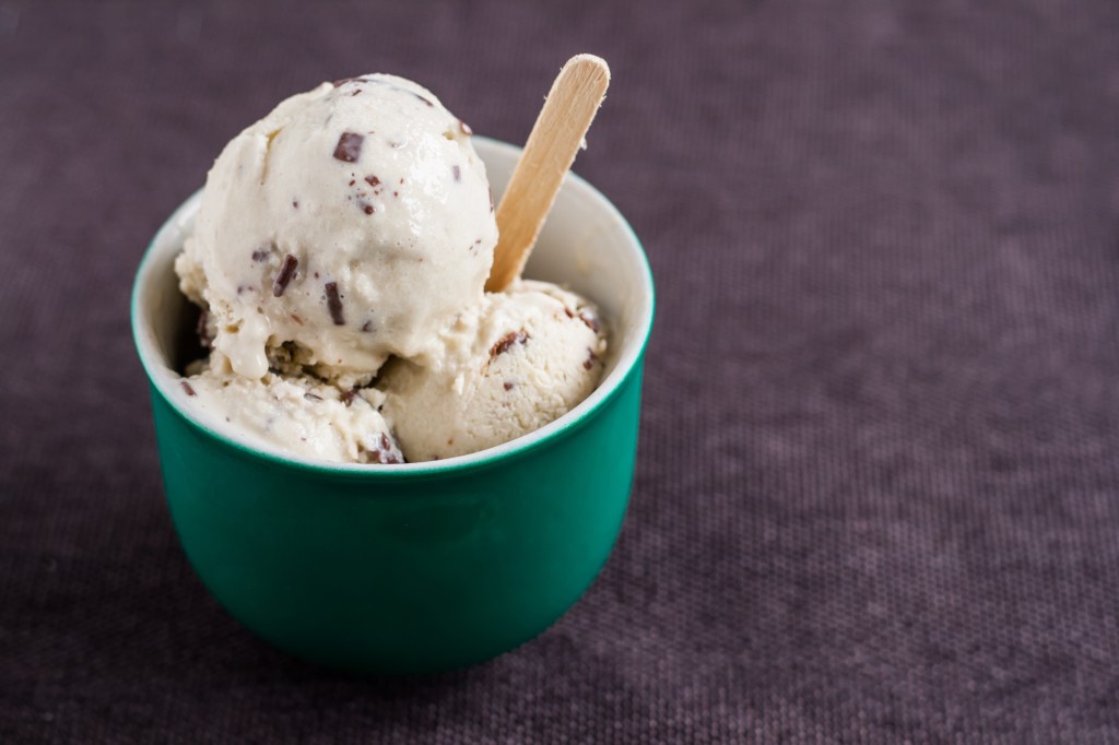 mint ice cream with chocolate in a bowl with a wooden stick