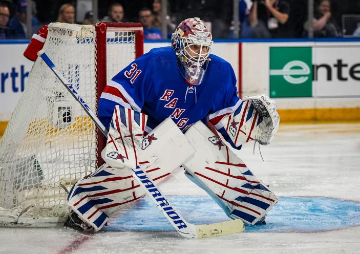 Igor Shesterkin #31 of the New York Rangers tends net during the third period against the Carolina Hurricanes in Game Two of the Second Round of the 2024 Stanley Cup Playoffs at Madison Square Garden on May 07, 2024 in New York City.