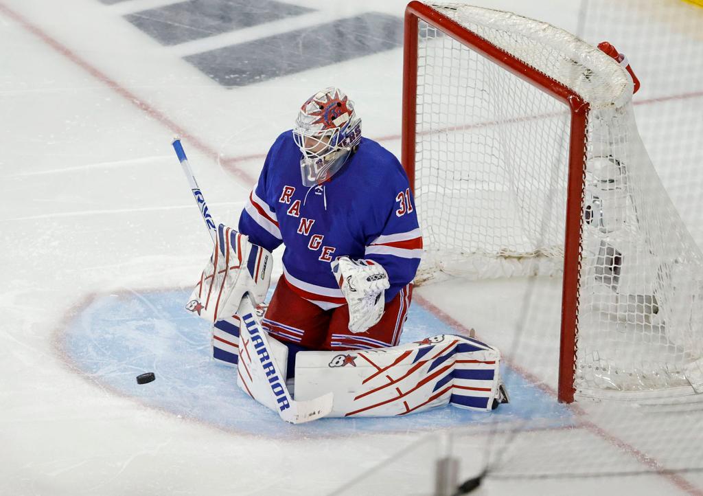 New York Rangers goaltender Igor Shesterkin makes a save in the second period against the Carolina Hurricanes at Madison Square Garden in New York, New York, USA, May 13, 2024. 