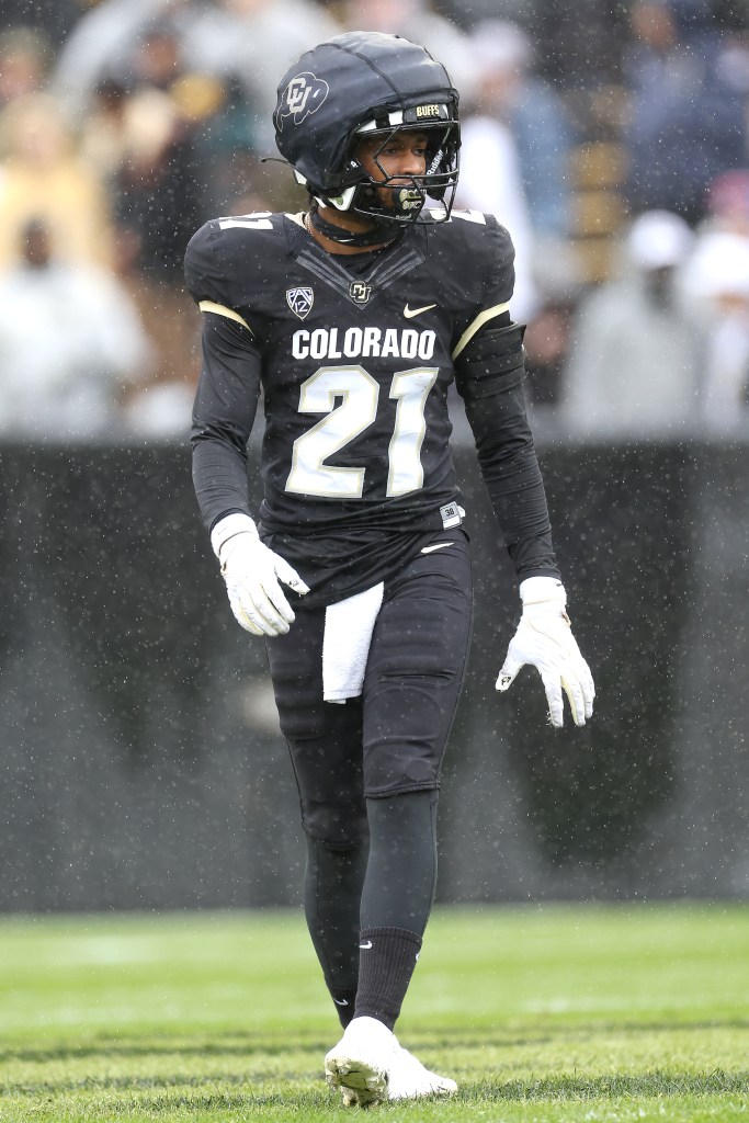 Shilo Sanders #21 of the Colorado Buffaloes walking on the field at Folsom Field during their spring game