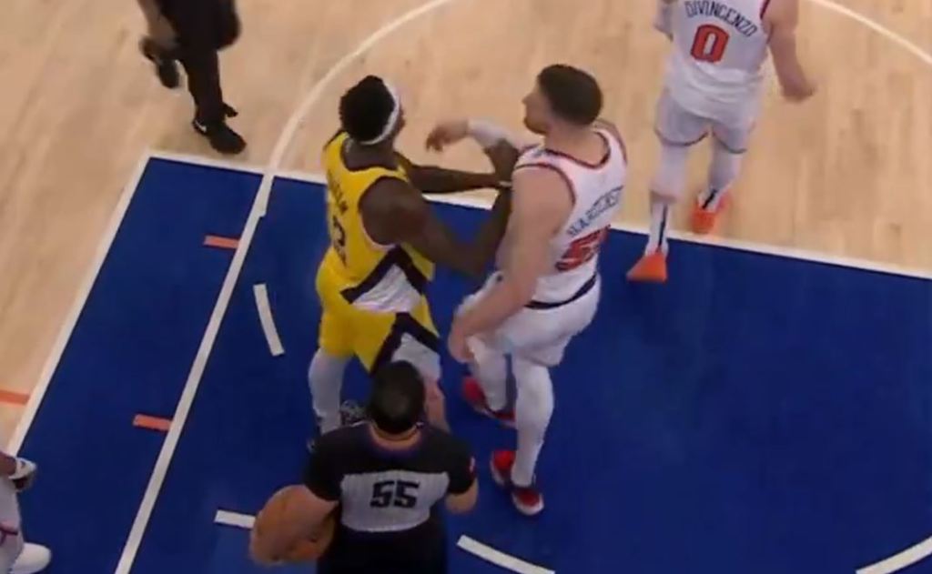 Pascal Siakam shoved Knicks center Isaiah Hartenstein when Hartenstein stepped up to him.