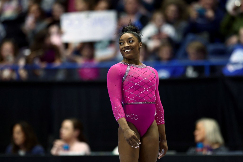 Simone Biles looks on during the 2024 Core Hydration Classic at XL Center on May 18, 2024 in Hartford, Connecticut. 