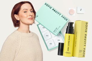 Headshot of Sofie Pavitt holding a box of makeup, photographed by Meredith Jenks