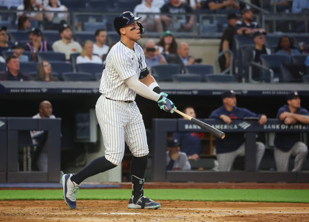 Aaron Judge hits a home run during the Yankees' loss to the Astros on May 9, 2024. 