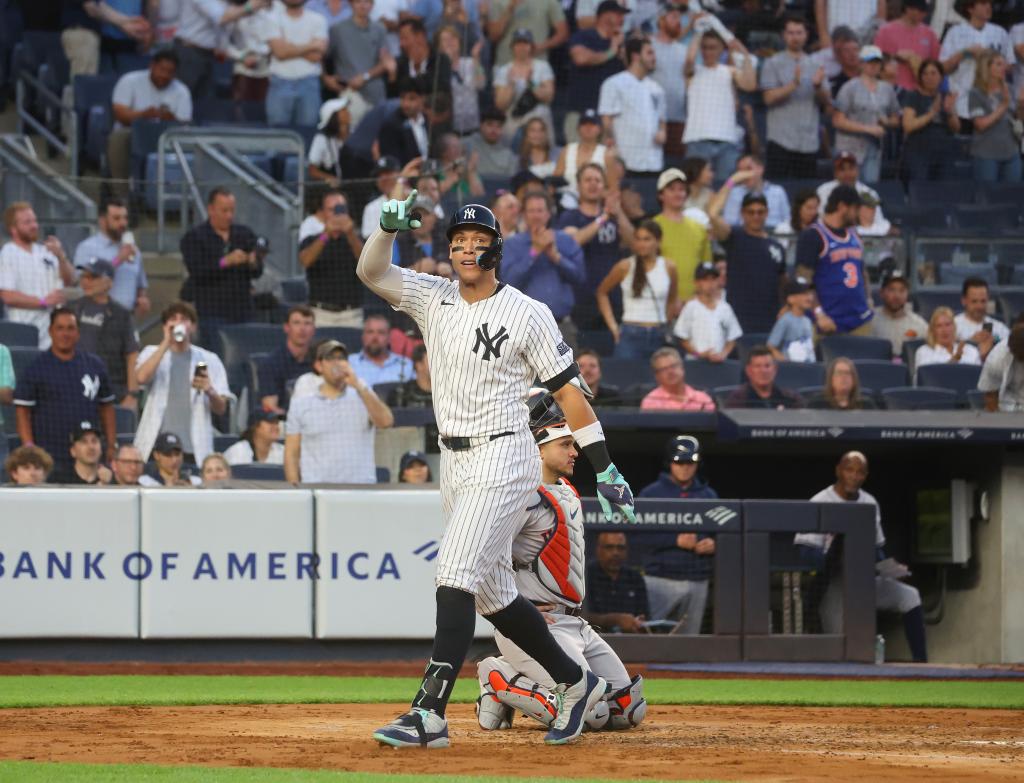 Aaron Judge hits a home run during the Yankees' loss to the Astros on May 9, 2024. 