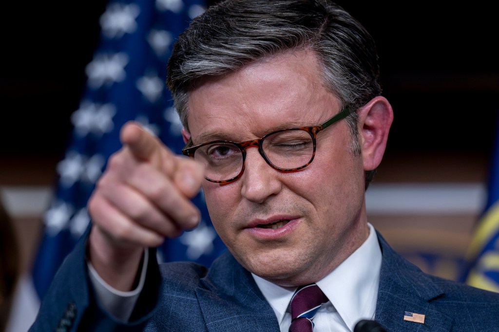 Speaker of the House Mike Johnson during a news conference, pointing at the camera in response to a question about GOP plans for the student protests over the Israel-Hamas war.