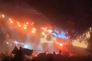 Terrifying video shows a strong gust of wind crumpling the top of the stage while at least seven people stood on the platform for the Citizens Movement party event in the city of San Pedro Garza Garcia in the state of Nuevo Leon.