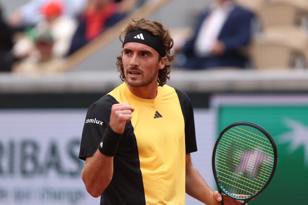 Stefanos Tsitsipas of Greece celebrates during his first-round French Open match on May 27, 2024.