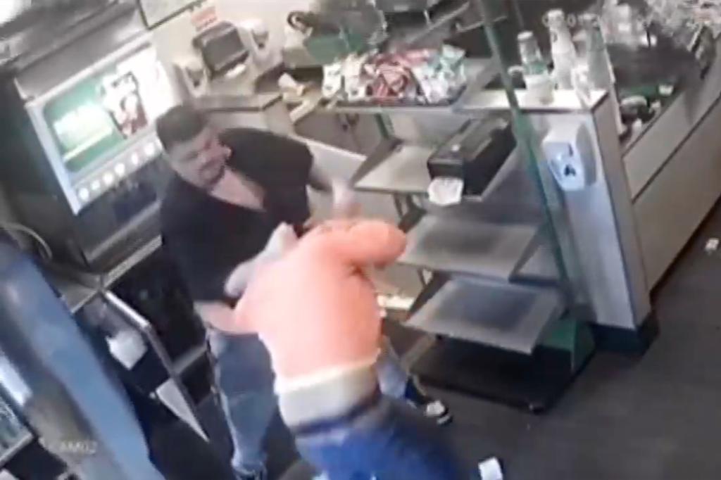 The good Samaritan jumped on Sandoval's back and struck him in the face at least three times, allowing the workers to run to safety behind the counter.